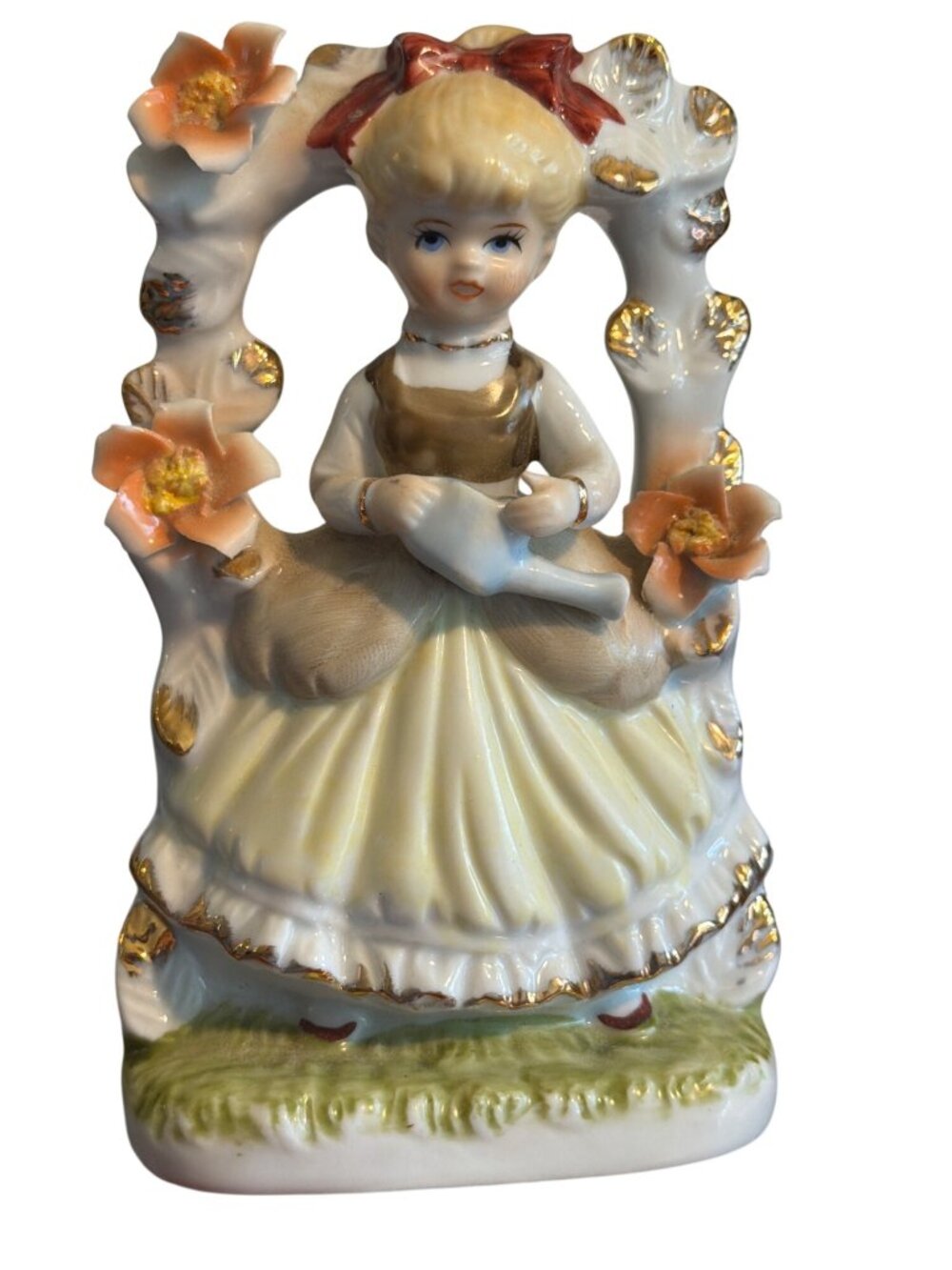 Vintage Porcelain Figurine Girl Garden Trellis Watering Can Flowers 5.25" Estate